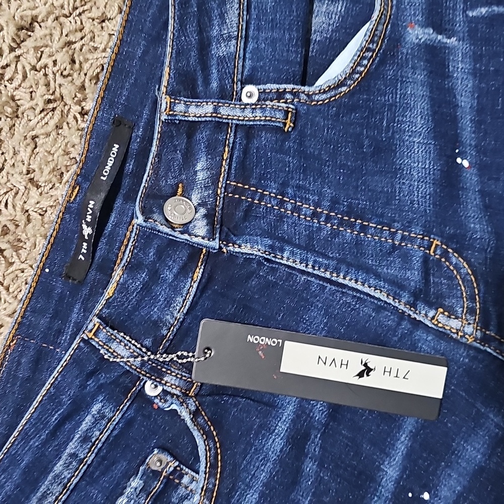 NWT 7TH HVN Jean Shorts Distressed Paint Stretch Blue Denim 32 Jorts Stretch - Picture 2 of 9
